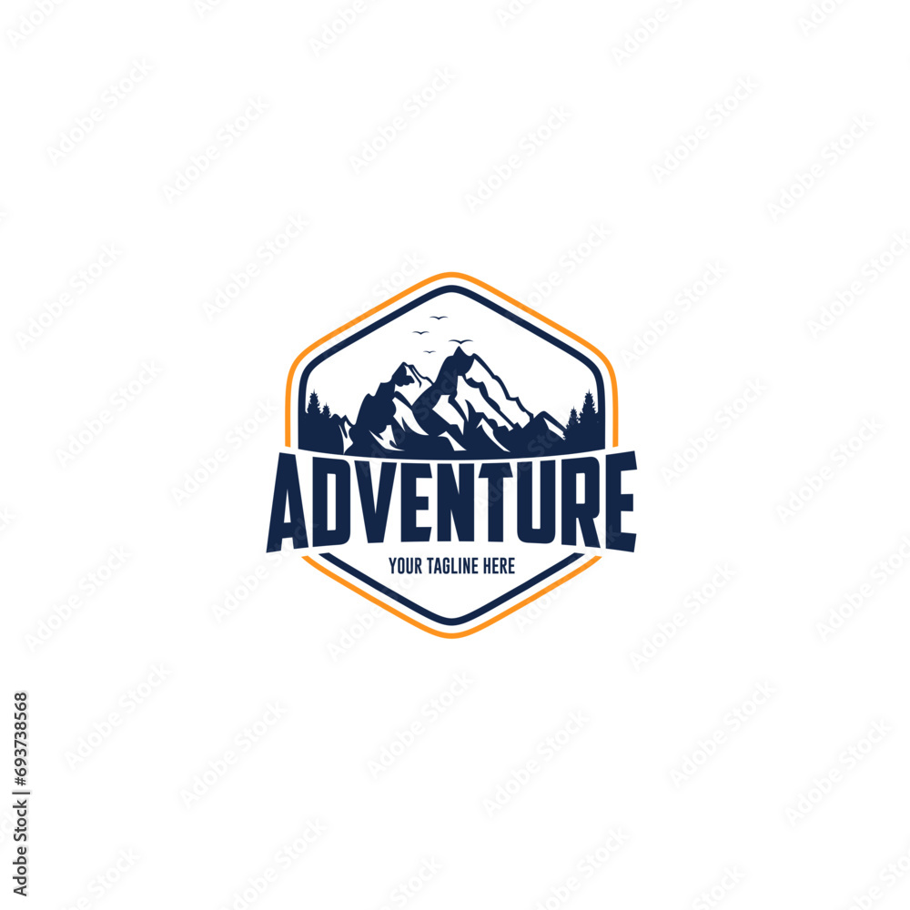Obraz premium vintage adventure logo, mountain sunset logo, mountain logo round shape outdoor rocky peak adventure. Summer camp, glitter, animation, outdoor logo, vacation travel logo