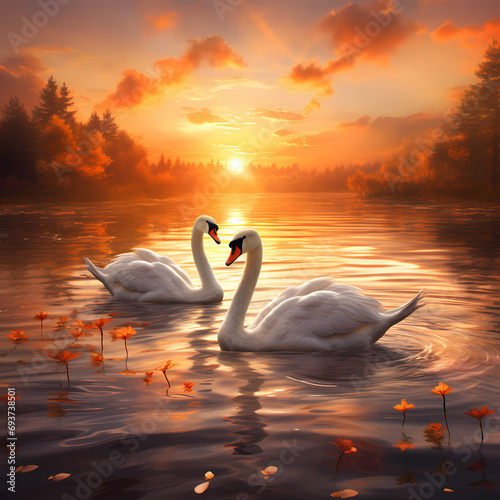 Swans gracefully gliding across a serene pond at sunset