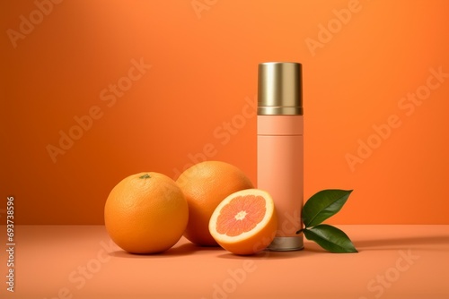 Cosmetics mockup, peach fuzz trendy color concept. Background with selective focus and copy space