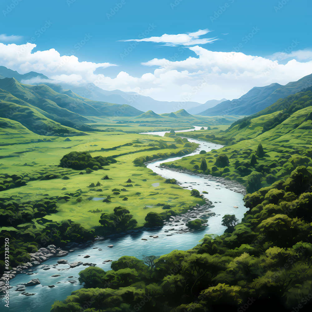 Tranquil river meandering through a lush, green valley