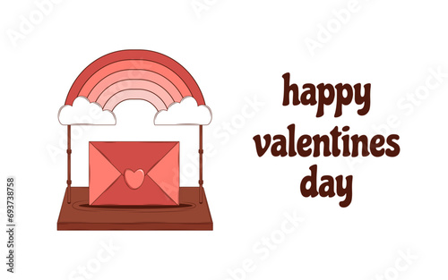 Retro lovely cartoon heart card. Cute Groovy trendy concept with inscription Happy Valentines Day. Trendy retro 60s 70s style. Red, pink colors. Vector