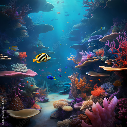 Underwater scene with colorful coral reefs and exotic marine life.