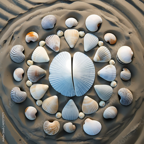 Symmetrical arrangement of seashells on a sandy beach.