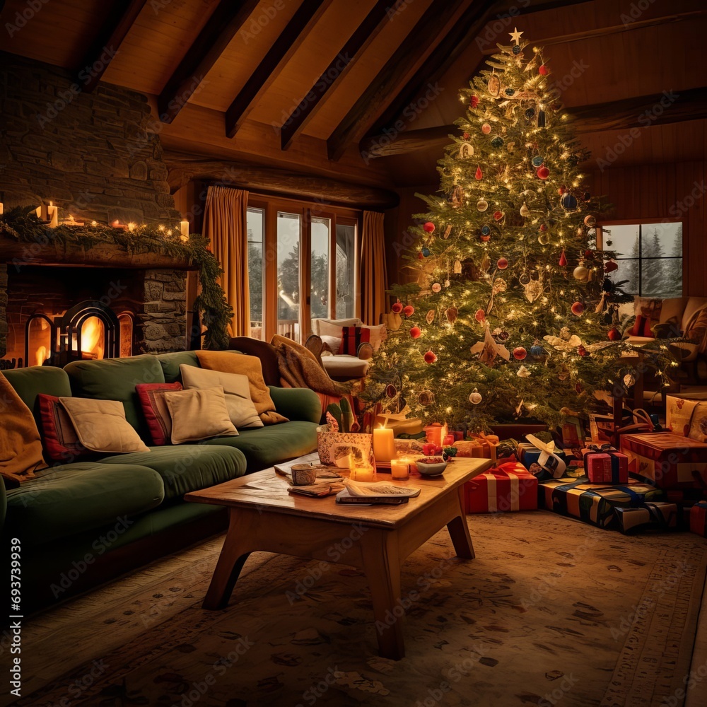 A living room with a christmas tree in the corner