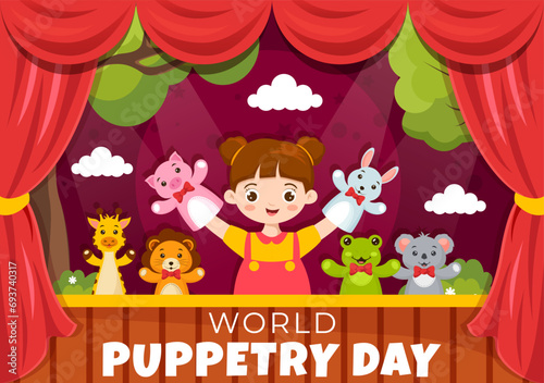 World Puppetry Day Vector Illustration on March 21 for Puppet Festivals which is moved by the Fingers Hands in Flat Kids Cartoon Background Design