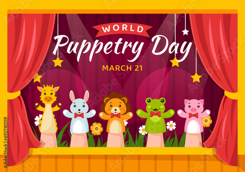 World Puppetry Day Vector Illustration on March 21 for Puppet Festivals which is moved by the Fingers Hands in Flat Kids Cartoon Background Design