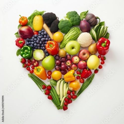 Healthy Heart-Shaped Assortment of Fruits and Vegetables. Generative ai © Scrudje