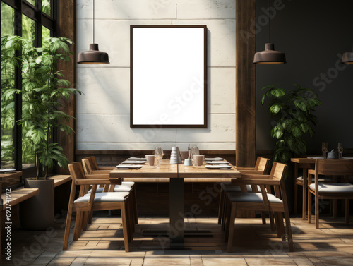 Stylish restaurant interior with empty poster frame. Minimalistic design. Generative AI