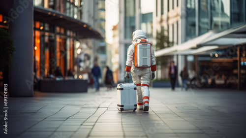 Astronaut with white suitcase walking in city shopping area. Urban exploration concept. Generative AI