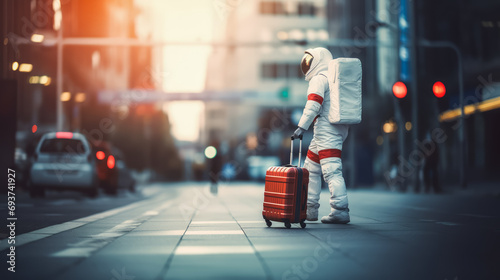 Astronaut with red suitcase strolling in city evening lights. Urban space journey concept. Generative AI photo