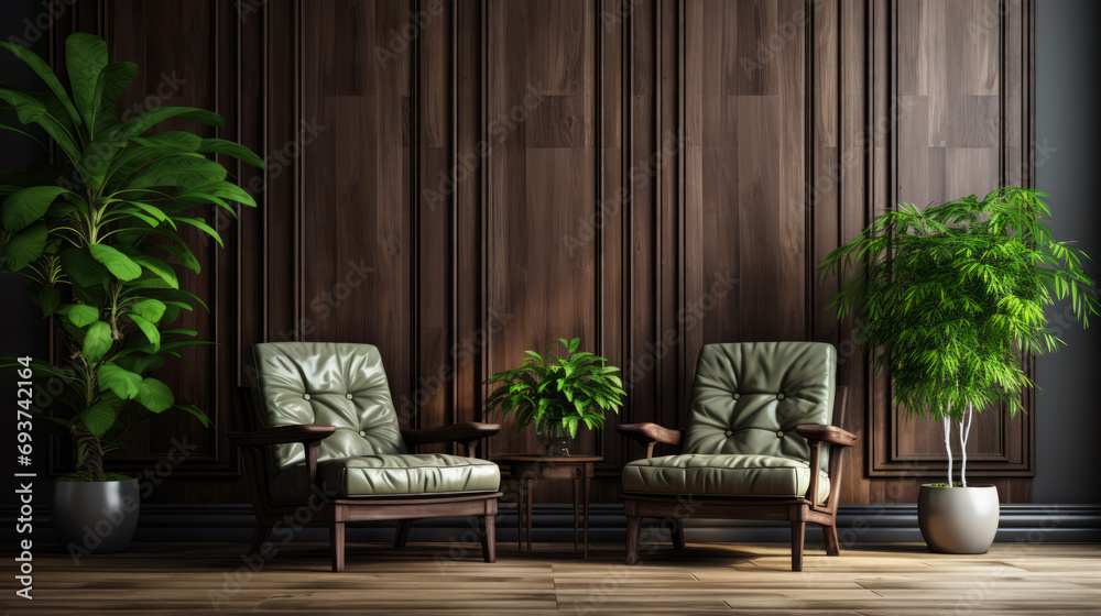 Elegant interior setup with wooden wall and green plants. Relaxation and eco-friendly concept Generative AI