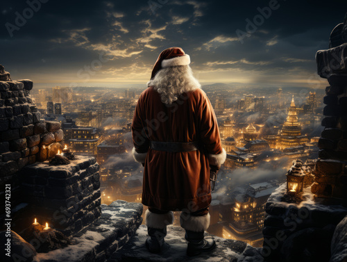 Santa Claus overlooking cityscape from snowy vantage point. Contemplative Christmas eve concept. Generative AI