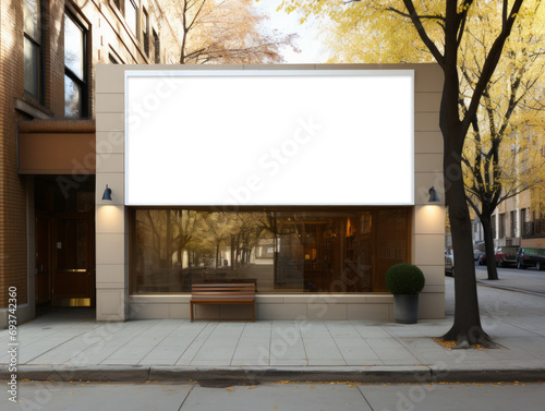 Exterior of modern building with empty billboard during autumn. Advertisement concept. Generative AI