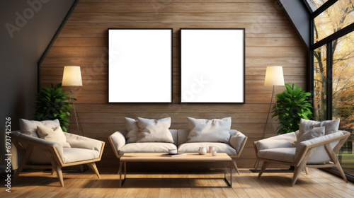 Loft-style interior with double canvas mockup and cozy ambiance. Design and art showcase concept Generative AI