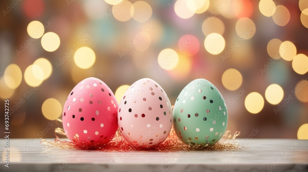 Colorful Easter eggs on wooden table against golden bokeh background