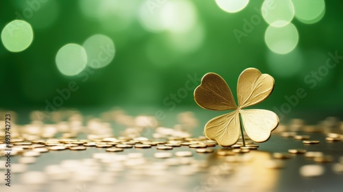 Golden clover and coins on bokeh background. St. Patrick's Day concept. photo