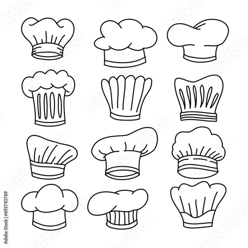 Outline Cook Chef hat line set collection, chef hat symbol, Linear chef toque vector illustration doodle style. Toque chef and baker hat, cook, table, restaurant concept.