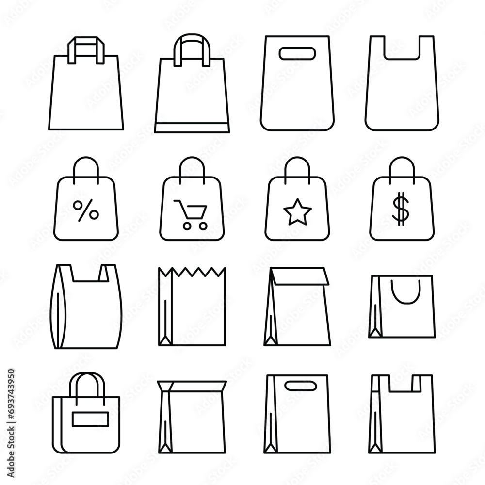 Shopping Bag Icon Set Collection with Line Art style, Contains such Icons as Groceries, Present, Food Delivery, online purchase shopping cart trolley symbol, vector illustration Shopping Bag Icon Set Collection with Line Art style, Contains such Icons as Groceries, Present, Food Delivery, online purchase shopping cart trolley symbol, vector illustration