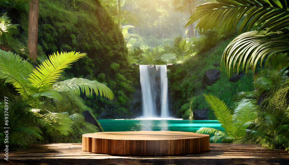 Product presentation with a wooden podium set amidst a lush tropical forest, enhanced by a vibrant green backdrop.3d rendering ; waterfall, sunrise, shiny Product presentation with a wooden podium set amidst a lush tropical forest, enhanced by a vibrant green backdrop.3d rendering ; waterfall, sunrise, shiny