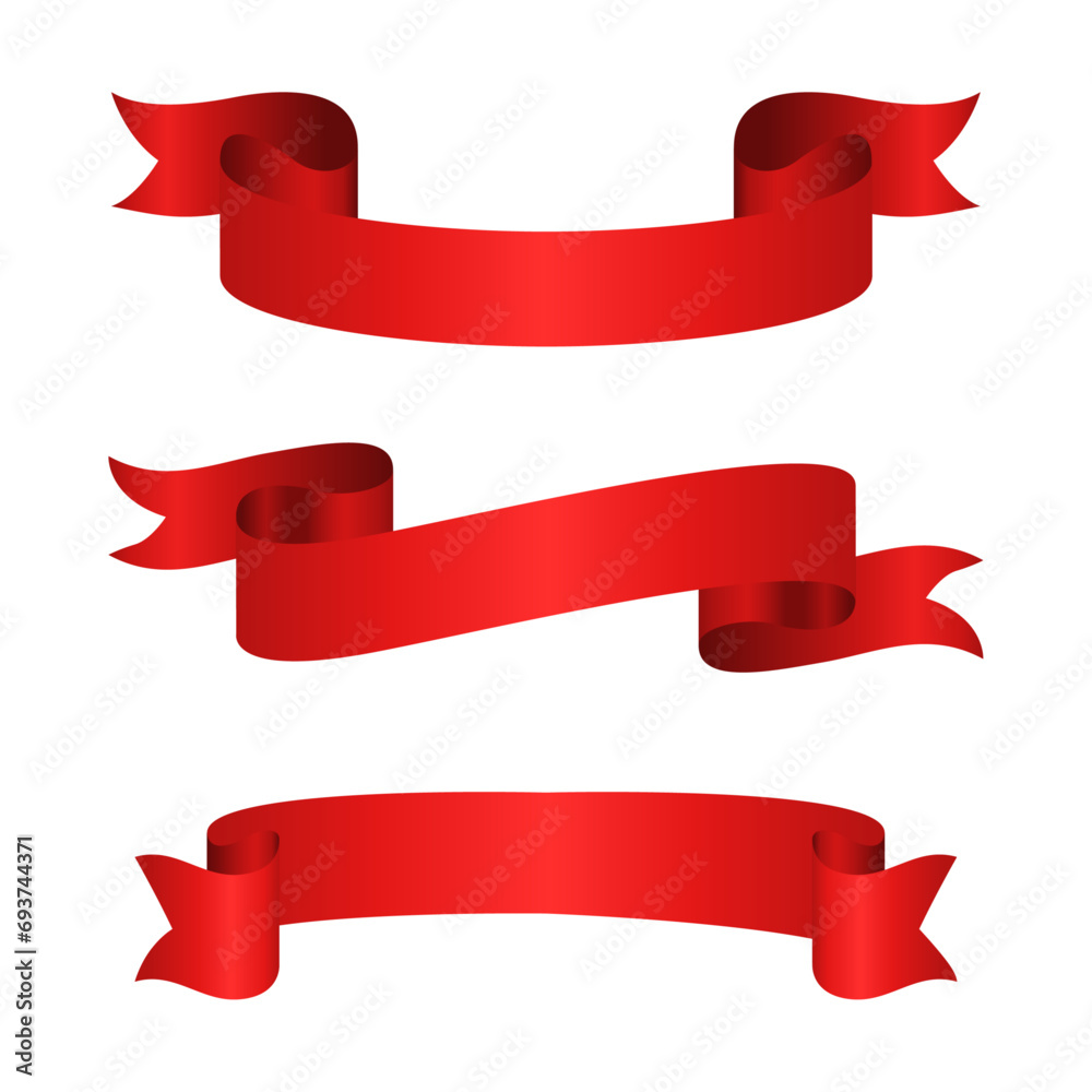 Realistic icon set of red ribbons isolated on white background Realistic icon set of red ribbons isolated on white background