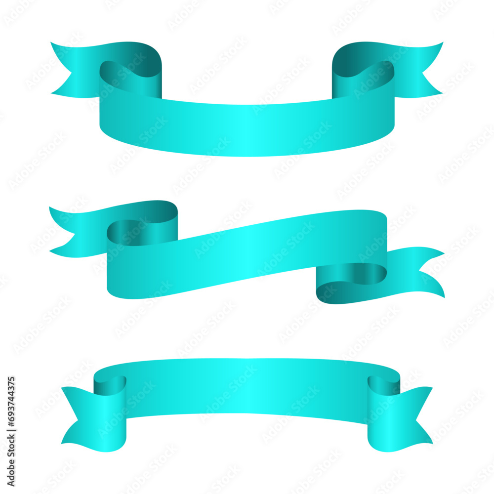 Realistic icon set of turquoise ribbons isolated on white background Realistic icon set of turquoise ribbons isolated on white background