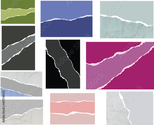 Torn paper vector set. Editable green blue black pink gray color torn paper set