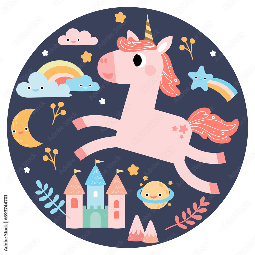 Naklejka premium Cute unicorns, Pony or horse with magical, PNG clipart. Unicorns illustration with rainbow, stars, hearts, clouds, castle in cartoon style. 