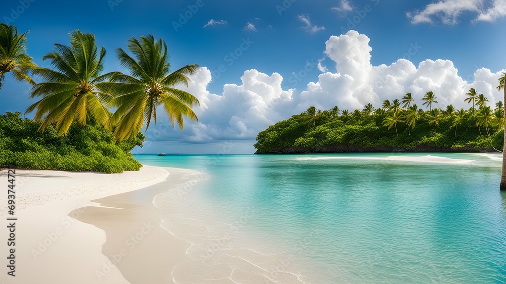 A pristine, white sandy beach stretching along the turquoise waters, with palm trees swaying gently in the ocean breeze. - obrazy, fototapety, plakaty 