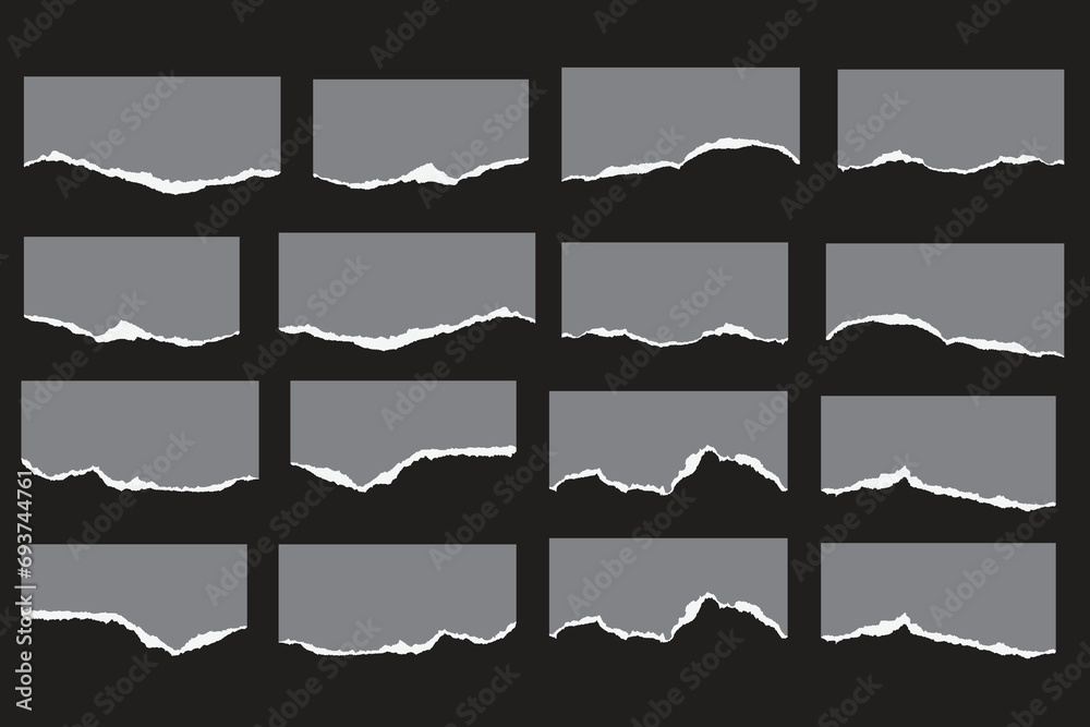 Collection of ripped-edge paper strips for design. Editable black torn paper