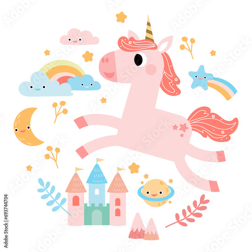 Cute unicorns  Pony or horse with magical  PNG clipart. Unicorns illustration with rainbow  stars  hearts  clouds  castle in cartoon style. 