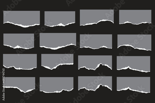 Collection of ripped-edge paper strips for design. Editable black torn paper