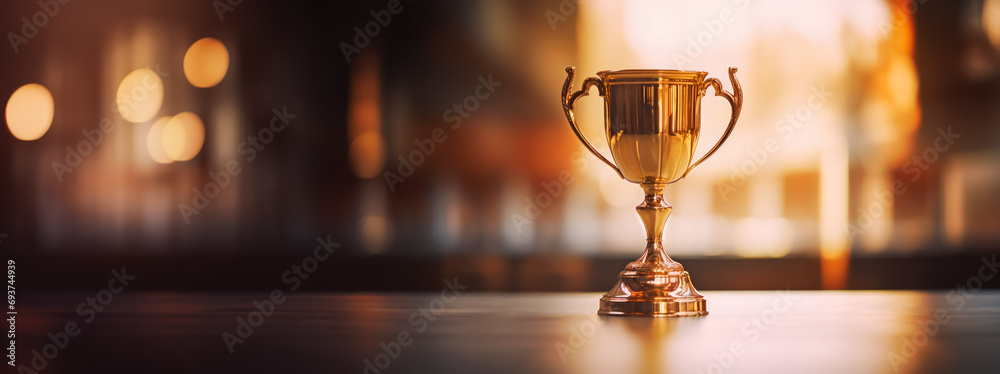 Sport trophy cup on a reflective surface with bokeh lights. Winning and celebration concept. Generative AI Sport trophy cup on a reflective surface with bokeh lights. Winning and celebration concept. Generative AI