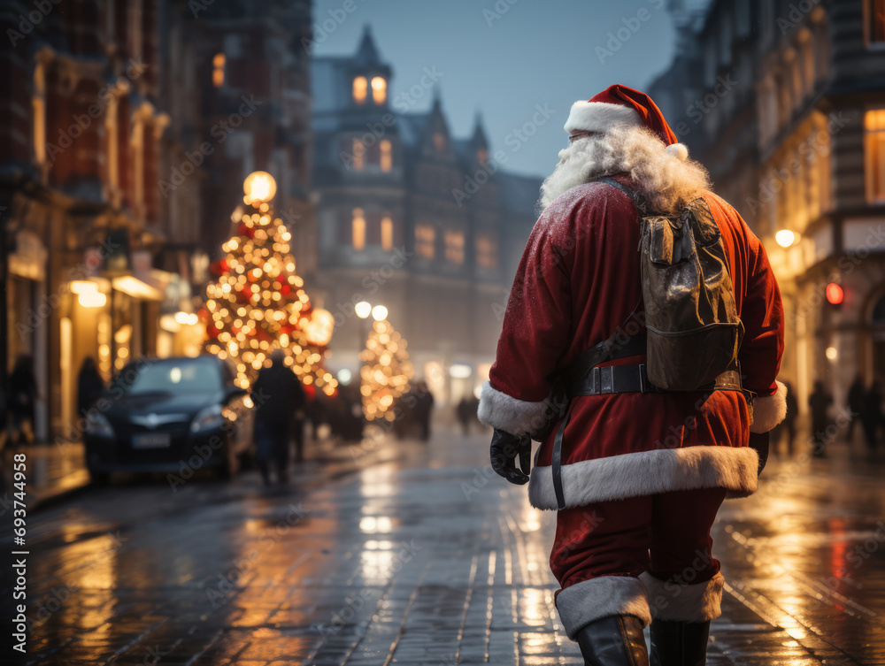 Santa Claus walking on city street with Christmas tree lights. Urban holiday celebration concept. Generative AI