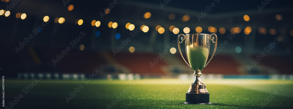 Trophy, stadium lights on a lush soccer field. Victory and sportsmanship concept. Generative AI - obrazy, fototapety, plakaty 