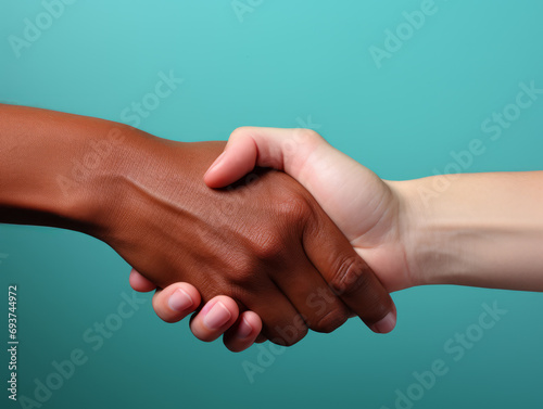 Handshake of diverse hands, teal background, unity and diversity concept. Generative AI