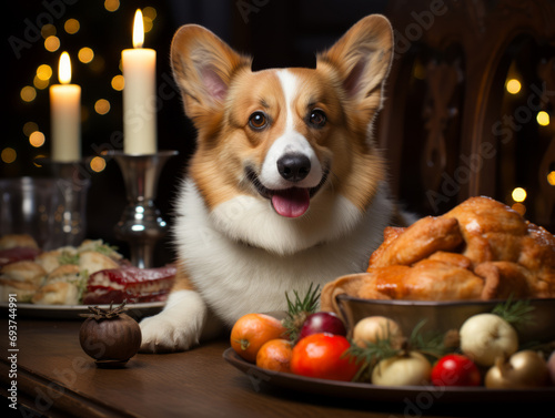 Smiling corgi surrounded by Christmas feast and sparkling decorations. Festive mood concept. Generative AI
