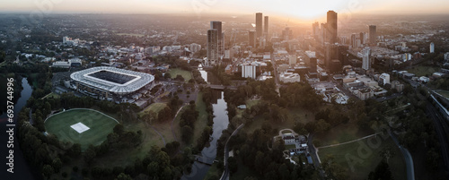 Panoramic aerial drone view of Parramatta cbd in Sydney, NSW Australia during a morning sunrise in December 2023