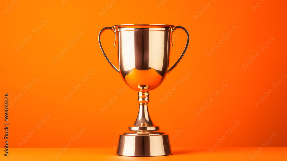 Classic gold trophy cup displayed on orange backdrop. Achievement and recognition concept. Generative AI