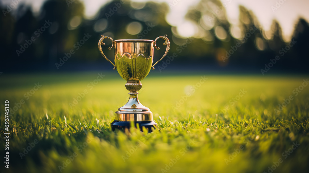 Shiny trophy on grass with a vibrant green background. Championship concept. Generative AI - obrazy, fototapety, plakaty 
