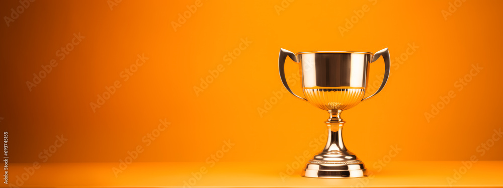 Classic gold trophy cup displayed on orange backdrop. Achievement and recognition theme. Generative AI