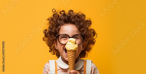 Funny child with glasses licking and eating an ice cream cone on isolated yellow studio background. photo