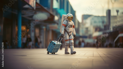 Astronaut in suit with blue suitcase on pedestrian city street. Urban travel concept. Generative AI