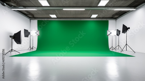 Contemporary photo studio with vivid green screen for chroma key compositing. Media production concept. Generative AI photo
