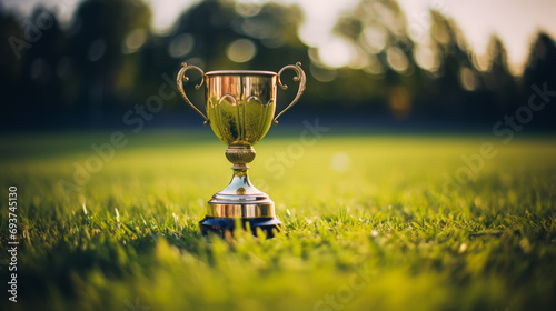 Shiny trophy on grass with a vibrant green background. Championship concept. Generative AI