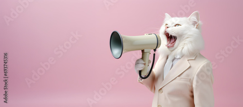 Cat announcing using hand speaker. Notifying, warning, announcement.
