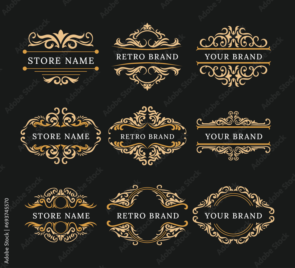 Vintage Frames, label, border, divider Banners and Badges set collection, traditional labels for wedding card, handmade product packaging, decorative ornament, swirls, flourishes ornate vignettes.