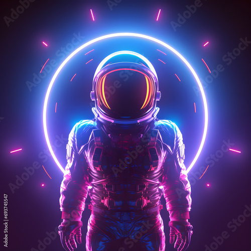 Portrait of futuristic astronaut or spaceman with neon light. © May