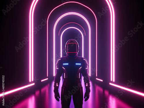 Portrait of futuristic astronaut or spaceman with neon light. photo