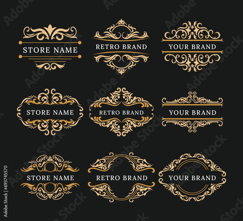 Vintage Frames, label, border, divider Banners and Badges set collection, traditional labels for wedding card, handmade product packaging, decorative ornament, swirls, flourishes ornate vignettes.