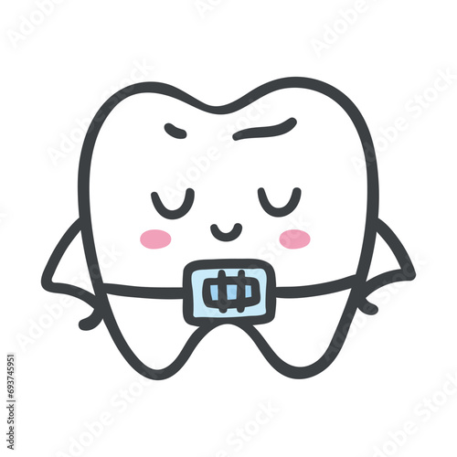 Hand drawn cartoon of a tooth wearing braces. orthodontics concept